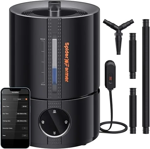 Spider Farmer Nuevo humidificador de 450 ml/h para plantas, tienda de cultivo, dormitorio, humidificador ultrasónico inteligente GGS con higrómetro, interior, negro, pequeño, 5 l, llenado superior