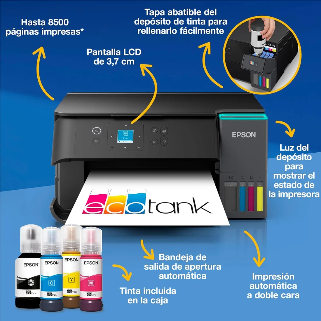 Epson EcoTank ET-2950 Impresora de Depósito de Tinta | para Uso Intensivo en Hogar | Wi-Fi | A4 | Imprimir, Copiar, Escanear | Pantalla LCD 3,7cm | Imprime a Doble Cara | Tinta Incluida para 3 Años foto 2