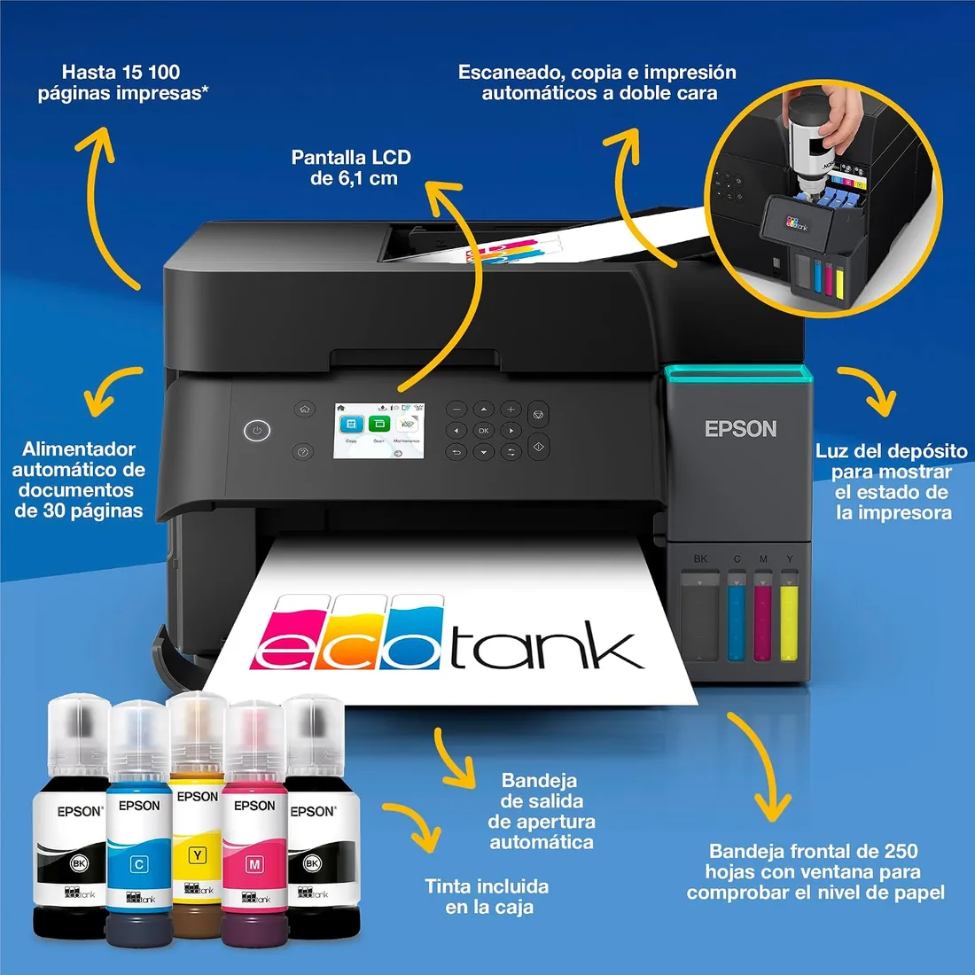 Epson EcoTank ET-3950 Impresora de Depósito de Tinta | Teletrabajo | Wi-Fi | A4 | Imprime a Doble Cara | Imprimir, Copiar, Escanear | Pantalla LCD 6,1cm | ADF 30 Hojas | Tinta Incluida para 3 Años foto 2