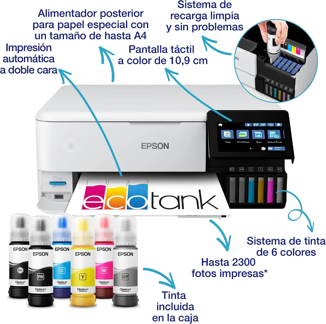 Epson EcoTank ET-8500 Impresora de Depósito de Tinta | Impresión Fotográfica | Tintas 6 Colores | Wi-Fi | A4 | Imprimir, Copiar, Escanear | Pantalla Táctil 10,9 cm | Alimentación Trasera foto 2