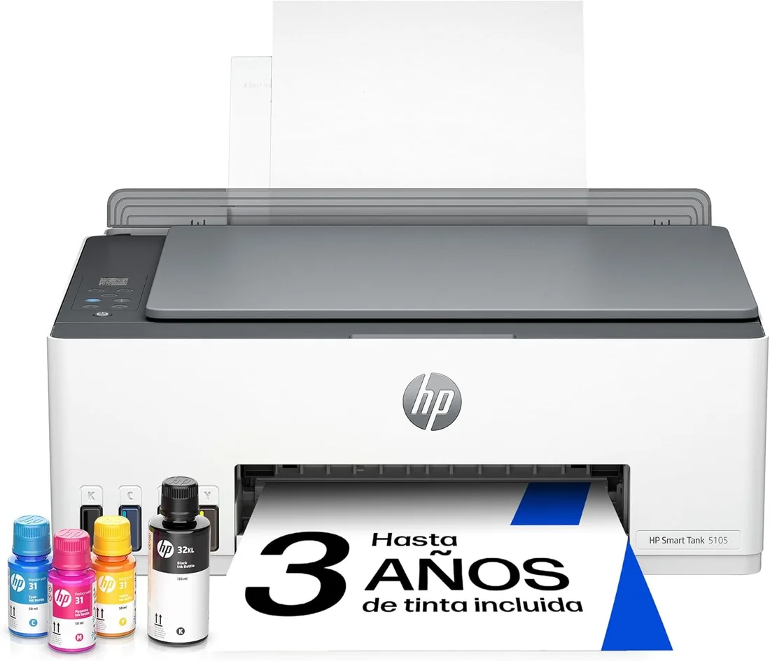 HP Smart Tank 5105 - Impresora multifunción 3 en 1 (Wi-Fi, impresión móvil) - 3 años de Tinta incluida, depósito de Tinta Grande, Gran Alcance, impresión
