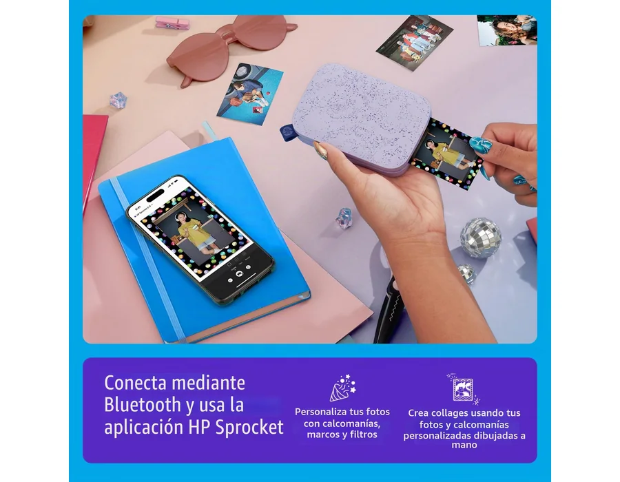 HP Sprocket 2x3 (5,1 x 7,5 cm) Impresora fotográfica instantánea para Smartphones, Impresora móvil portátil a Color e inalámbrica, Fotos Zink con Reverso Adhesivo, Color Púrpura. — Ref. 2QDX foto 3