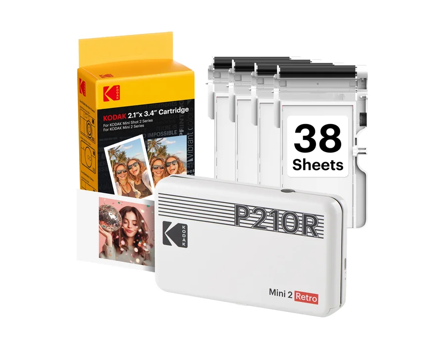 KODAK Mini 2 Retro Navidad Regalos 4Pass, Impresora Fotográfica + 38 Fotos, Fotos Instantáneas Tamaño 54X86mm, Conexión Inalámbrica Bluetooth - Blanco