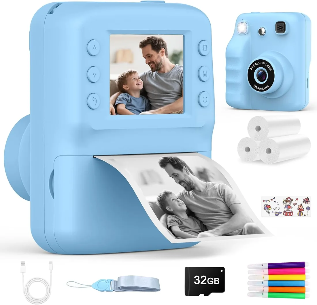 Cámara de Fotos Infantil Instantánea con Impresora y Pantalla 2,4" HD | Vídeo 1080P, Sd 32 GB, Música, 5 Juegos, Filtros Y Marcos, Juguete Para Niños De 3-12 Años, Regalo De Cumpleaños Y Navidad