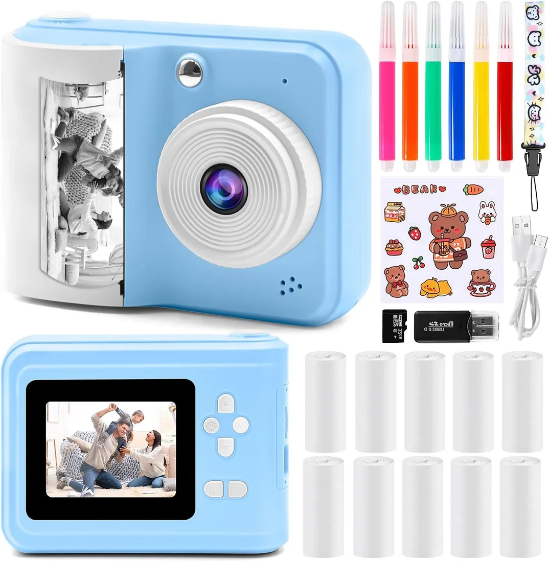 Cámara Digital instantánea, con Papel de impresión y Tarjeta TF 32G, cámara de vídeo con Plumas de Colores para Bricolaje, Sombreros Disfraz Accesorio
