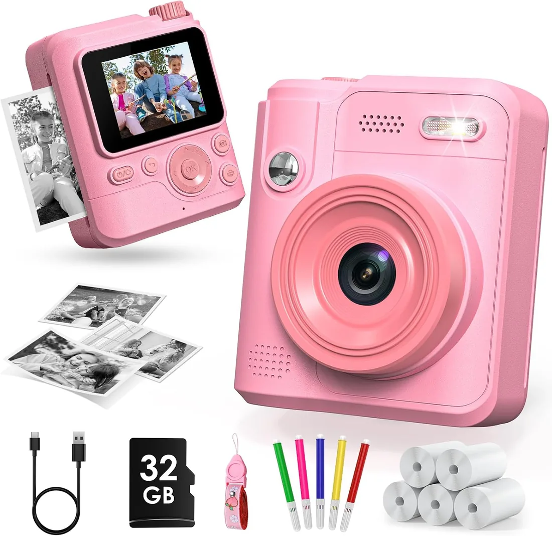 Gofunly Camara Fotos Infantil Instantanea con 32G Tarjeta & Papel de Foto | 1080P Cámara Instantánea Infantil con Papel de Impresora, Regalos de Cumpleaños y Navidad para Niño y Niña 3 a 12 Años