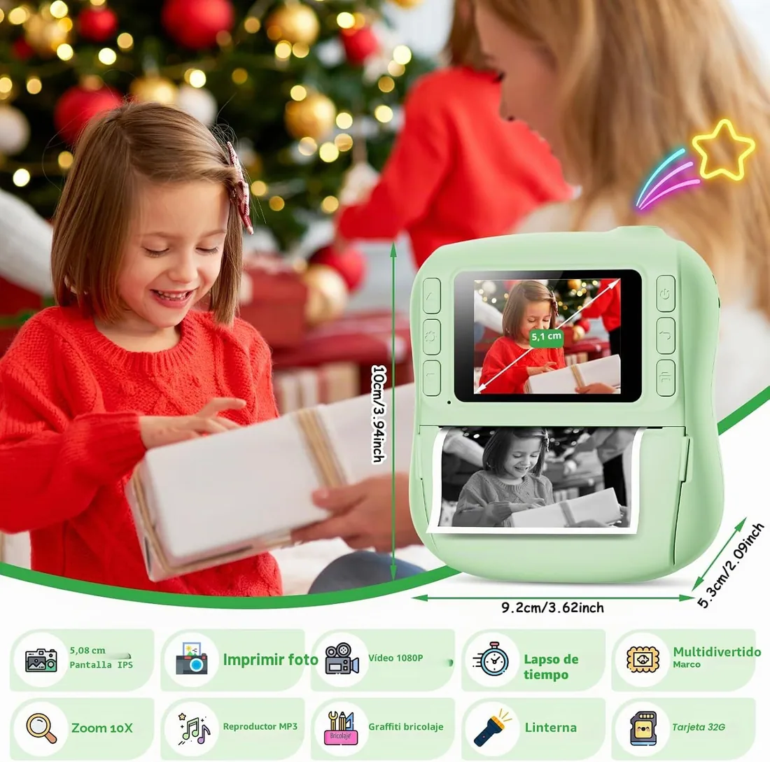 Hangrui Camara Fotos Infantil Instantanea, 1080P Camara Fotos Infantil, Cámara Instantánea para Niños con Tarjeta de 32GB,Papel de Impresión y Bolígrafos de Colores, Regalos Juguete-Verde foto 2
