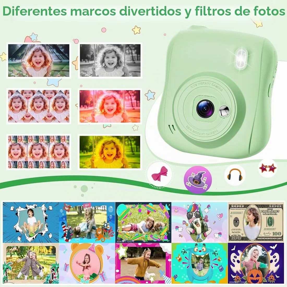 Hangrui Camara Fotos Infantil Instantanea, 1080P Camara Fotos Infantil, Cámara Instantánea para Niños con Tarjeta de 32GB,Papel de Impresión y Bolígrafos de Colores, Regalos Juguete-Verde foto 3