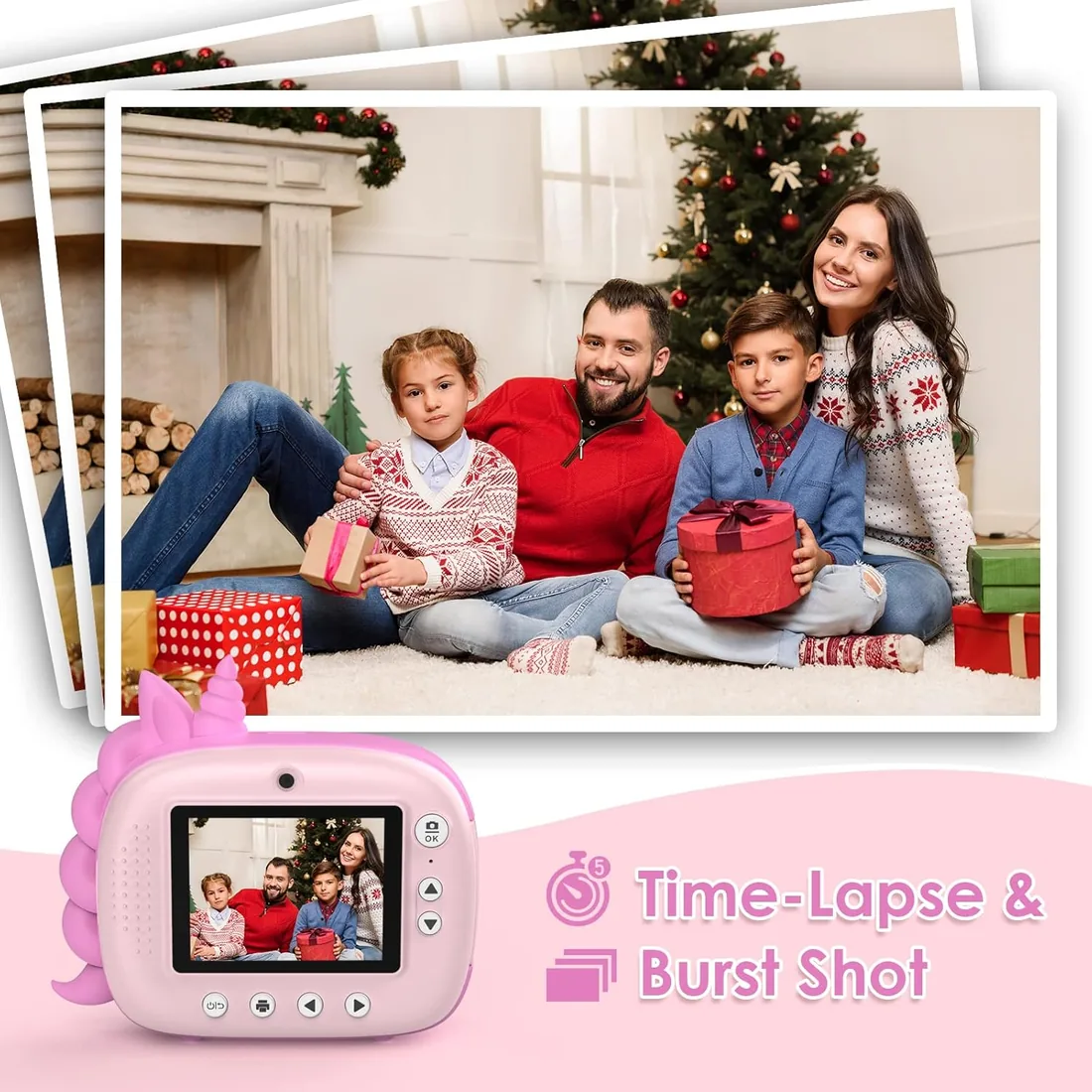 HiMont - Cámara infantil digital instantánea con papel de impresión y tarjeta TF de 32 GB, cámara de vídeo, lápices de colores, clips de fotos para manualidades, regalo, de 3 a 14 años, color rosa foto 3