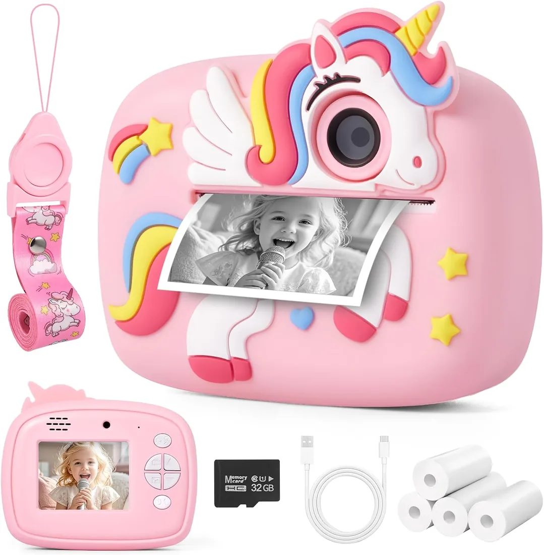 Lullu Camara Fotos Infantil Instantanea, 48MP Fotografia Niños 3-12 Años | 1080P Maquina Instantánea, 32G Tarjeta, 4 Rollos Impresora, Cámara Instanea Niña Regalo de Juguete para Criança, Antigolpes