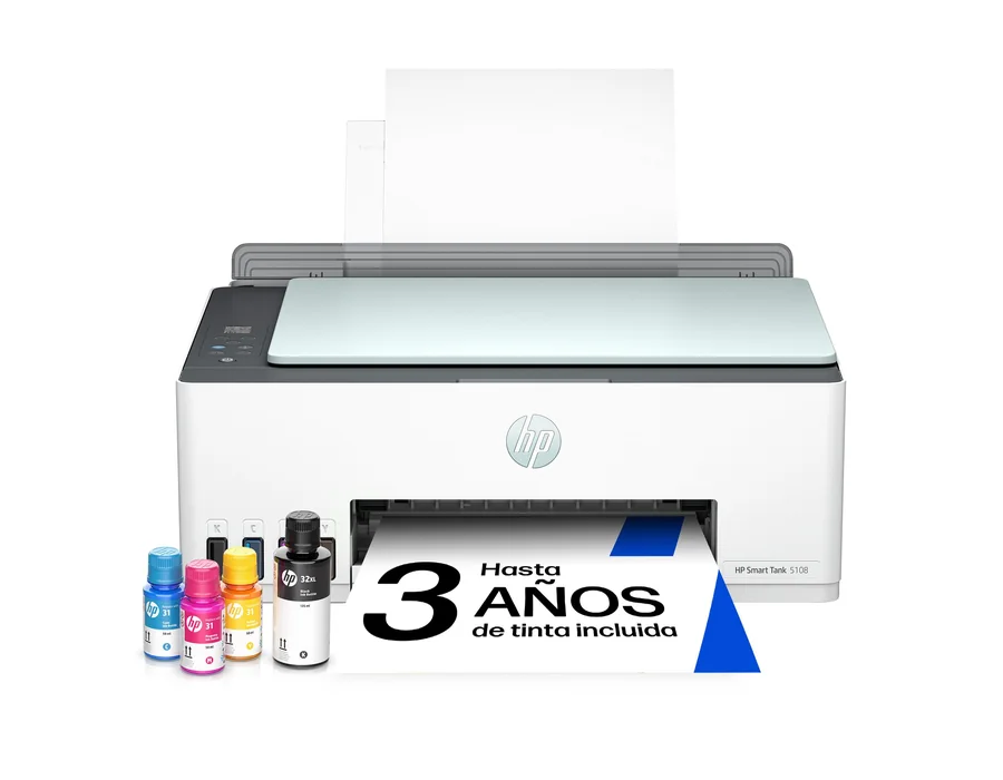 HP Impresora Multifunción Tinta Smart Tank 5108 Wi-Fi, con depósito Recargable, Incluye Tinta para Imprimir hasta 3 años
