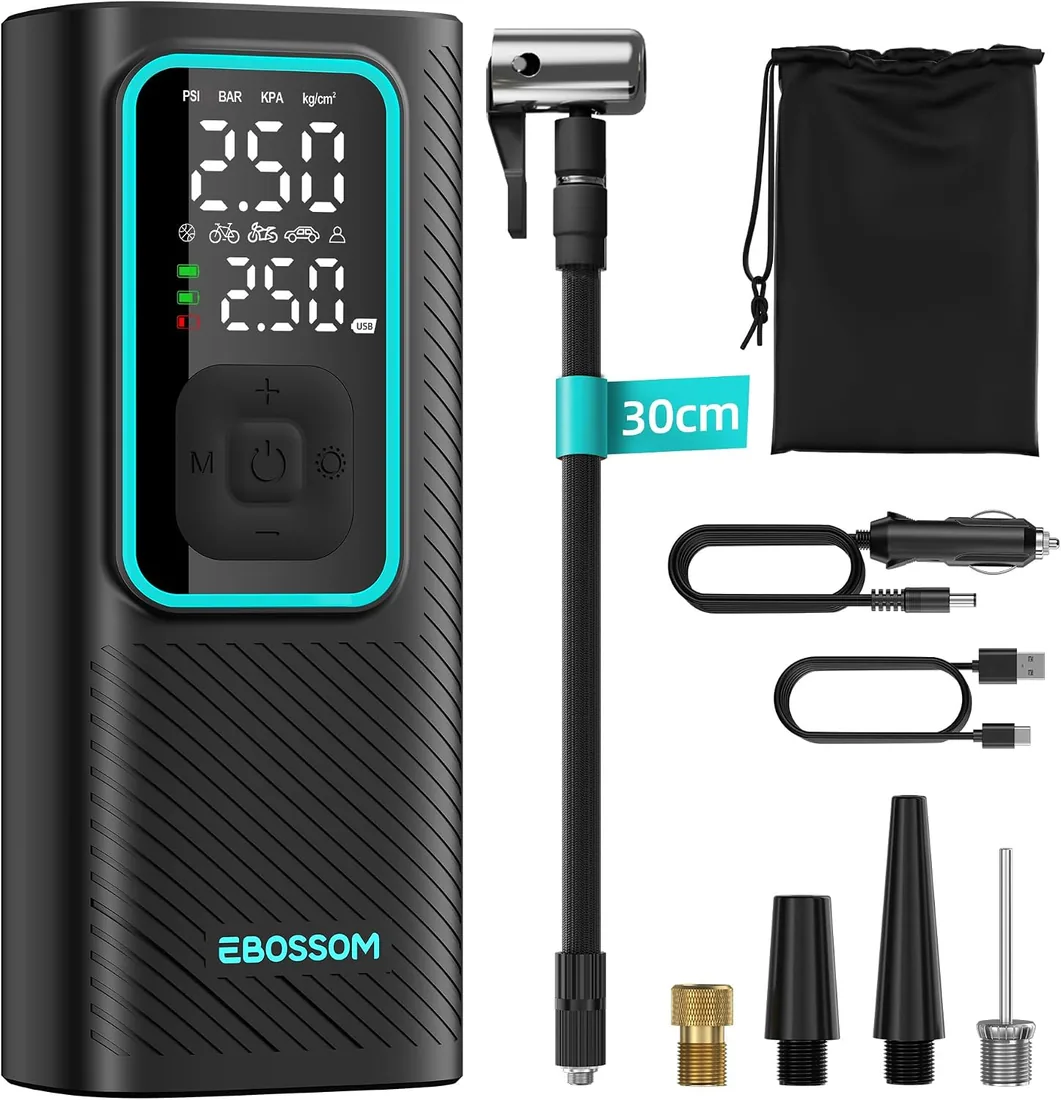 Compresor Aire Portátil de 10,3Bar, Inflador Ruedas Coche a Batería 6000 mAh y 12V DC, Mini Inflador Electrico para Auto, Moto, Bicicleta y Pelota, Bomba de Aire con Función de Luz LED, Carga USB-C foto 2