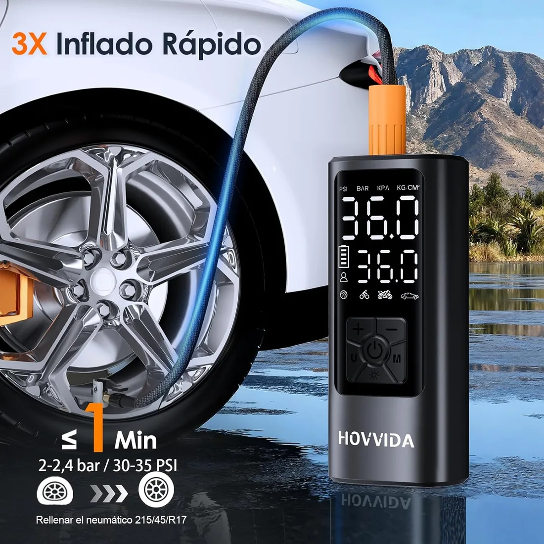 HOVVIDA Compresor Aire Portatil, Inflador Ruedas Coche 150 PSI (10,3 Bar) 5V, Compresor Aire Coche Bicicleta, Batería Recargable, con LED, para Coche, Moto, Bicicleta, Pelota foto 2