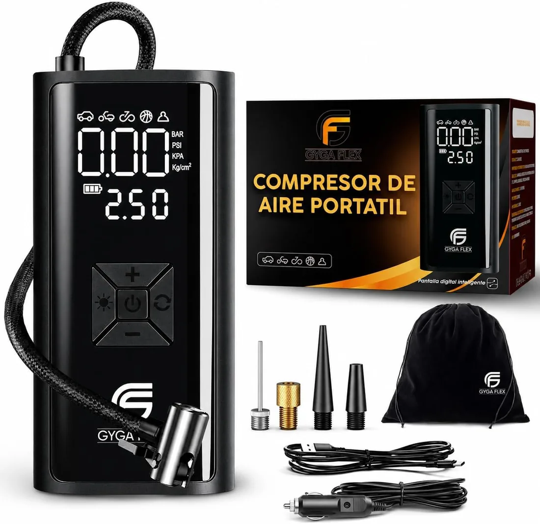 Inflador Ruedas Coche 30L/Min, Compresor Aire Portátil 150 PSI/10,3 Bar, Batería Recargable y Cable 12V 3M, Manómetro Digital, Apagado Automático, LED SOS, para Coche Moto Bicicleta Pelotas foto 2