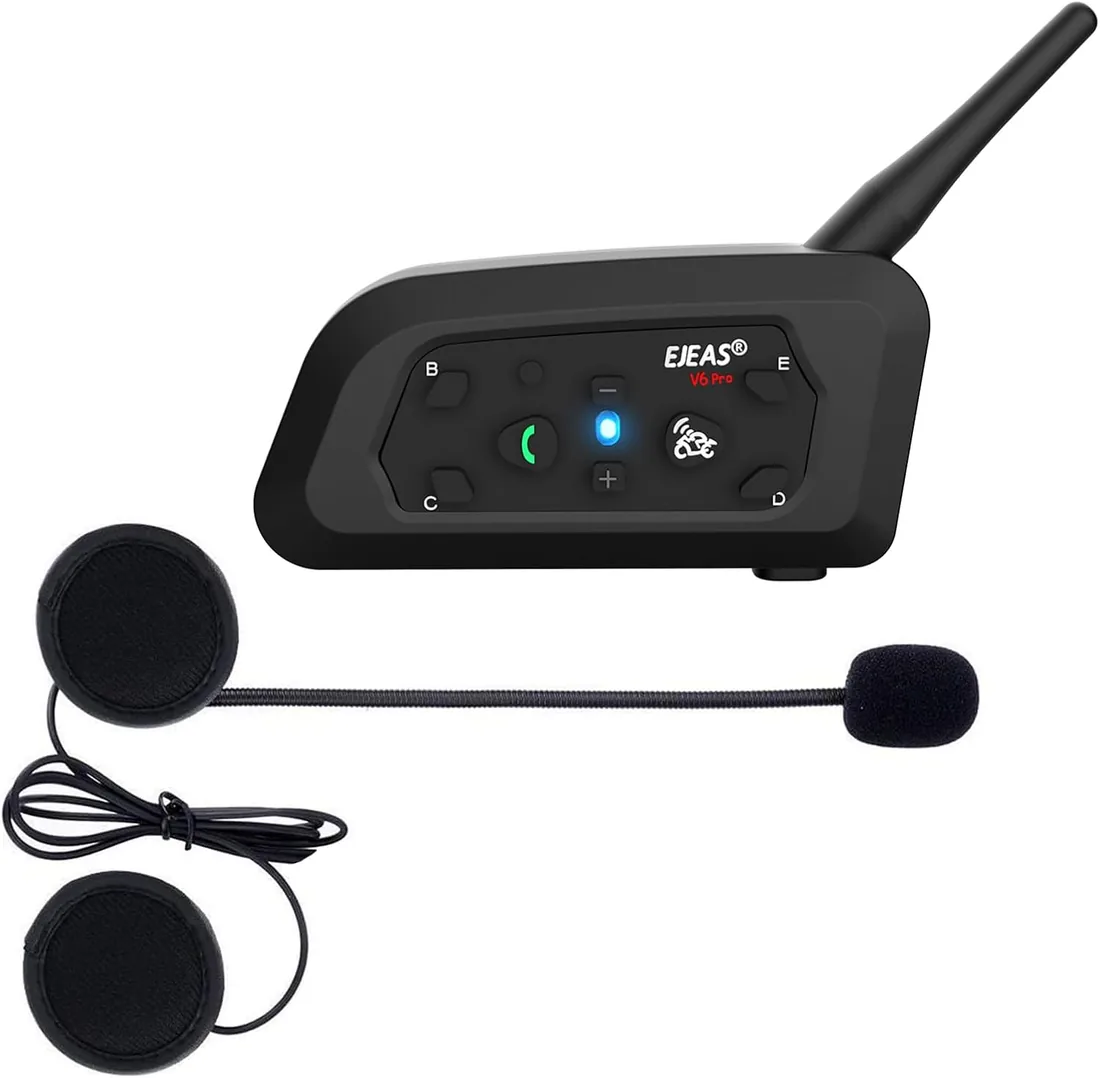 Ejeas V6 Pro Intercomunicador Bluetooth para Motocicletas, Gama Comunicación Intercom de 1200m, intercomunicador Casco Moto, Impermeabilidad, Intercomunicacion Entre 6 Motociclistas