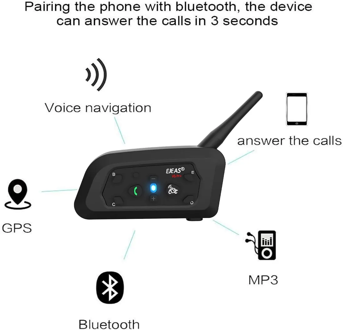 Ejeas V6 Pro Intercomunicador Bluetooth para Motocicletas, Gama Comunicación Intercom de 1200m, intercomunicador Casco Moto, Impermeabilidad, Intercomunicacion Entre 6 Motociclistas foto 3
