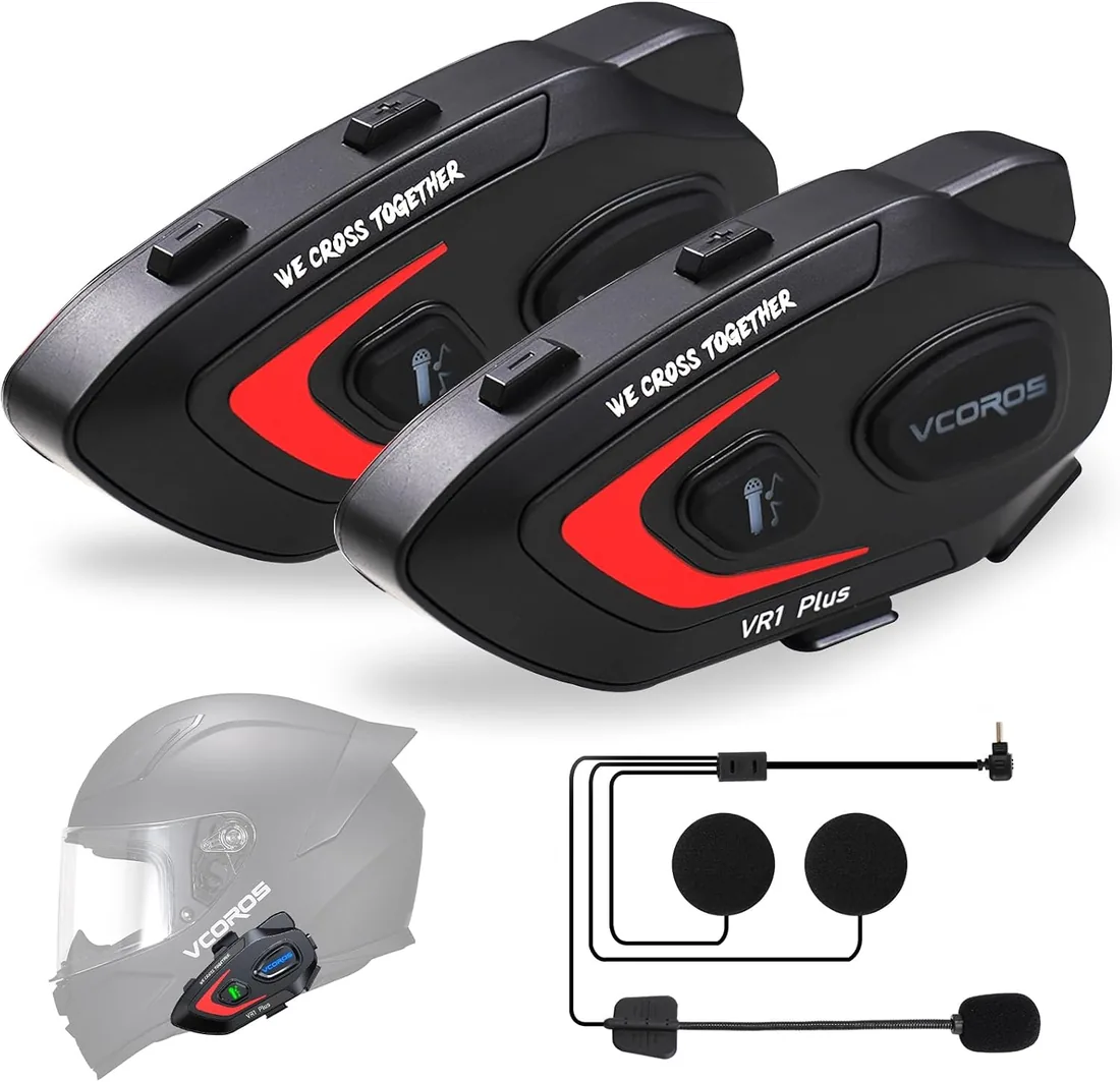 VCOROS Intercomunicador Casco Moto VR1 Plus para 2 Motociclistas 500m | 6.0 Bluetooth Impermeable IP56 Auriculares Casco M