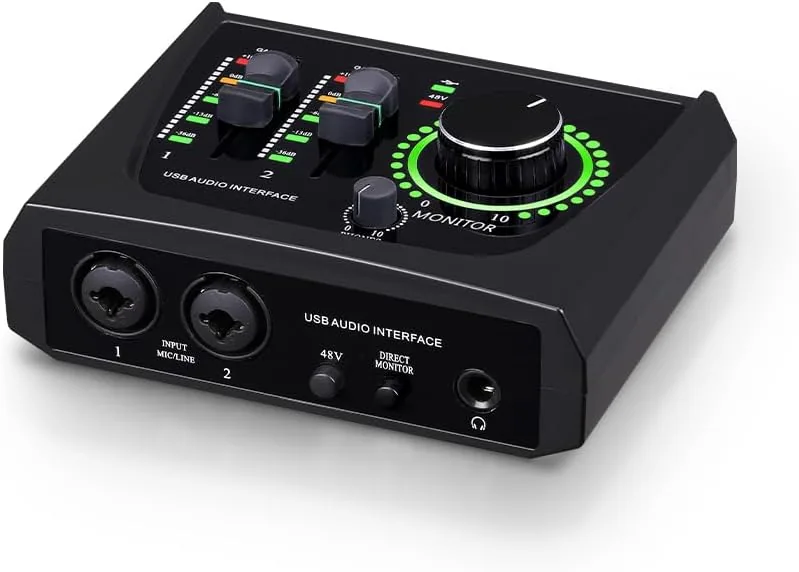 BOMGE Mini interfaz de audio USB de 2 canales para grabación, transmisión y podcasting, con alimentación fantasma XLR/48V, audio de calidad de estudio para guitarrista, vocalista,
