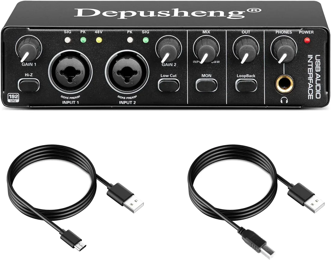 Depusheng RX2 Interfaz de audio USB grabación de computadora Tarjeta de Sonido Audio Studio Audio Interface puede conectar la grabación de guitarra de microfono de condensador de 48V