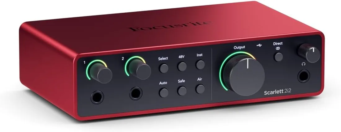 Focusrite Scarlett 2i2 interfaz de audio USB-C 4.ª gen | 2 preamp. de micro, 2 entradas instrumento Hi-Z, 24 bits/192kHz, intervalo dinámico 120 dB, Auto Gain, Clip Safe, modos Air