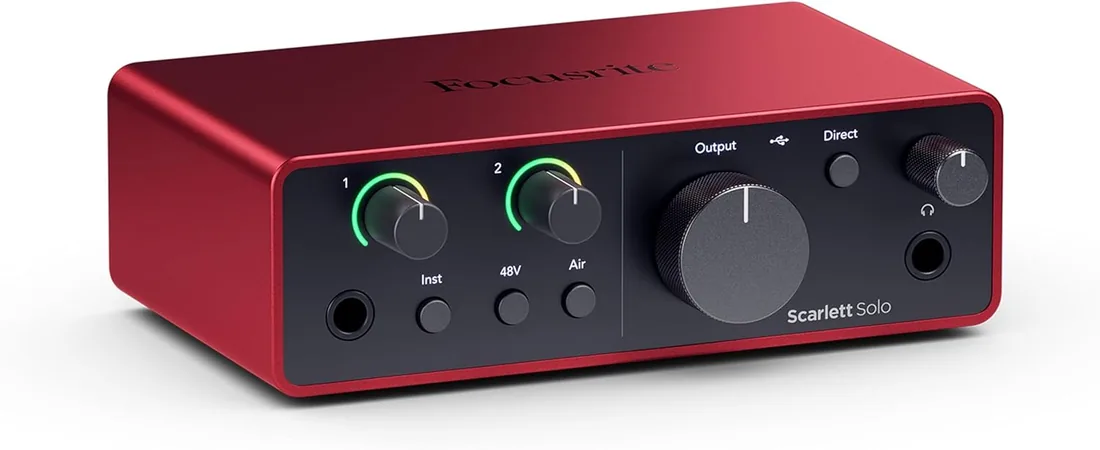 Focusrite Scarlett Solo interfaz de audio USB-C 4.ª gen | 1 preamp. de micro XLR, 1 entrada de instrumento Hi-Z, 24 bits/192kHz, intervalo dinámico 120dB, modos Air, para PC/Mac/iPad