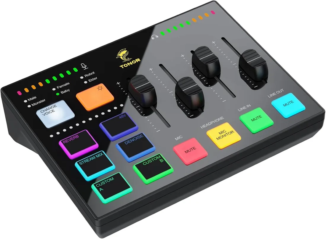 TONOR Gaming Audio Mixer PC, Mezclador RGB con Canal XLR y 6,35 mm para Streaming, Podcast, Grabación, Interfaz de Audio para TikTok, YouTube, Twitch, Control de Volumen Individual, Botón de Silencio