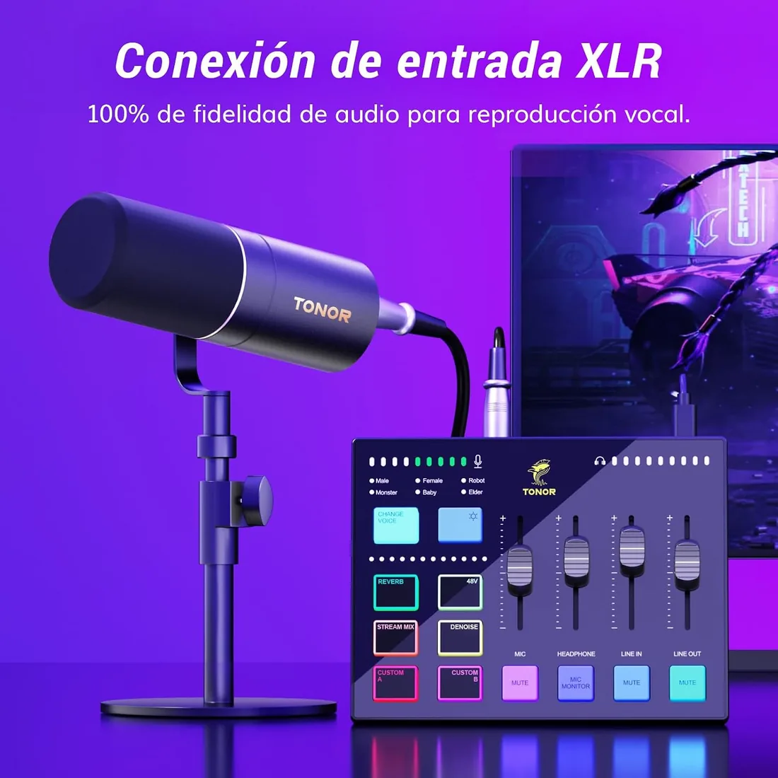 TONOR Gaming Audio Mixer PC, Mezclador RGB con Canal XLR y 6,35 mm para Streaming, Podcast, Grabación, Interfaz de Audio para TikTok, YouTube, Twitch, Control de Volumen Individual, Botón de Silencio foto 2