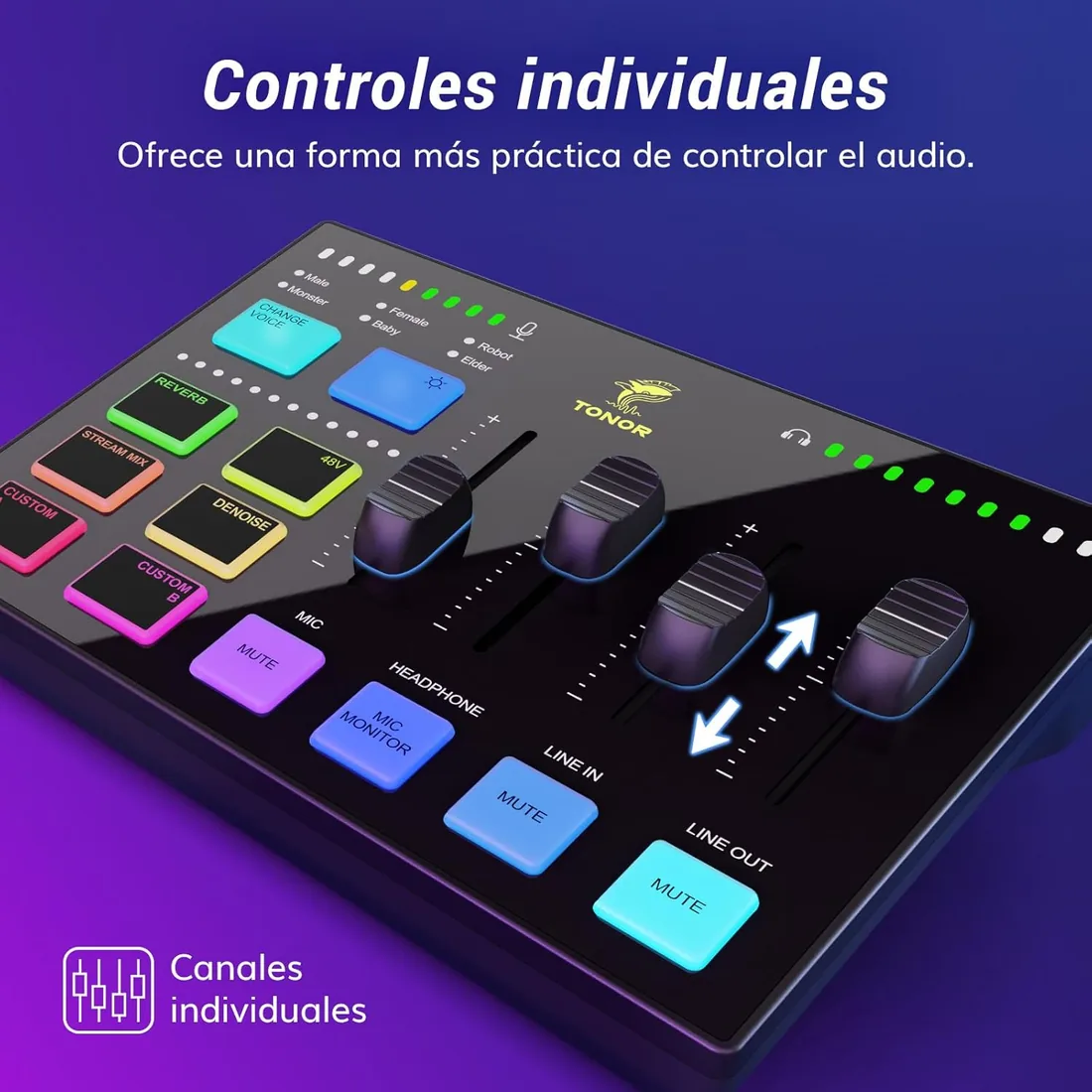 TONOR Gaming Audio Mixer PC, Mezclador RGB con Canal XLR y 6,35 mm para Streaming, Podcast, Grabación, Interfaz de Audio para TikTok, YouTube, Twitch, Control de Volumen Individual, Botón de Silencio foto 3