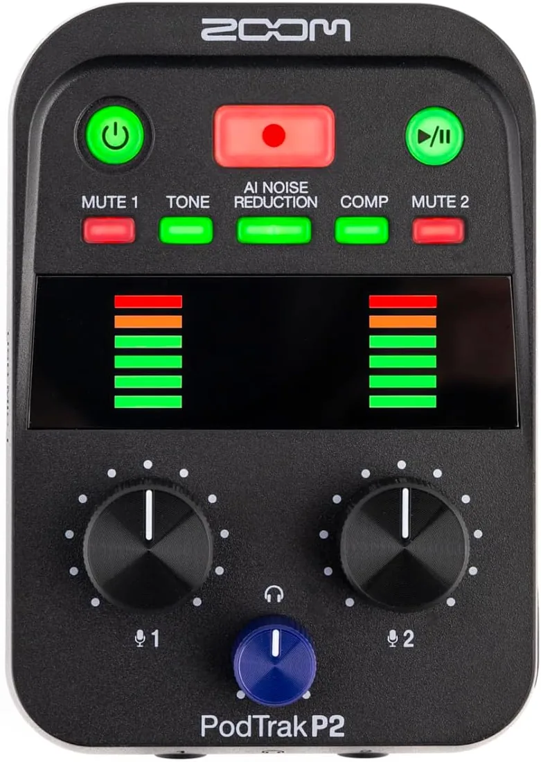 Zoom Grabadora de podcasts portátil P2 PodTrak e Interfaz de Audio USB | Mezclador de podcasting e Interfaz para grabación de Podcast móvil en Calidad de transmisión | 2 entradas de micrófono USB |