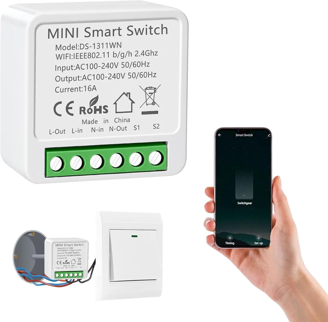 1PC Interruptor de Luz Inteligente WIFI, Alexa Interruptor Inteligente | Mini Smart Switch Módulo Compatible con Alexa, Tuya y Smart Life, Requiere Conductor Neutro