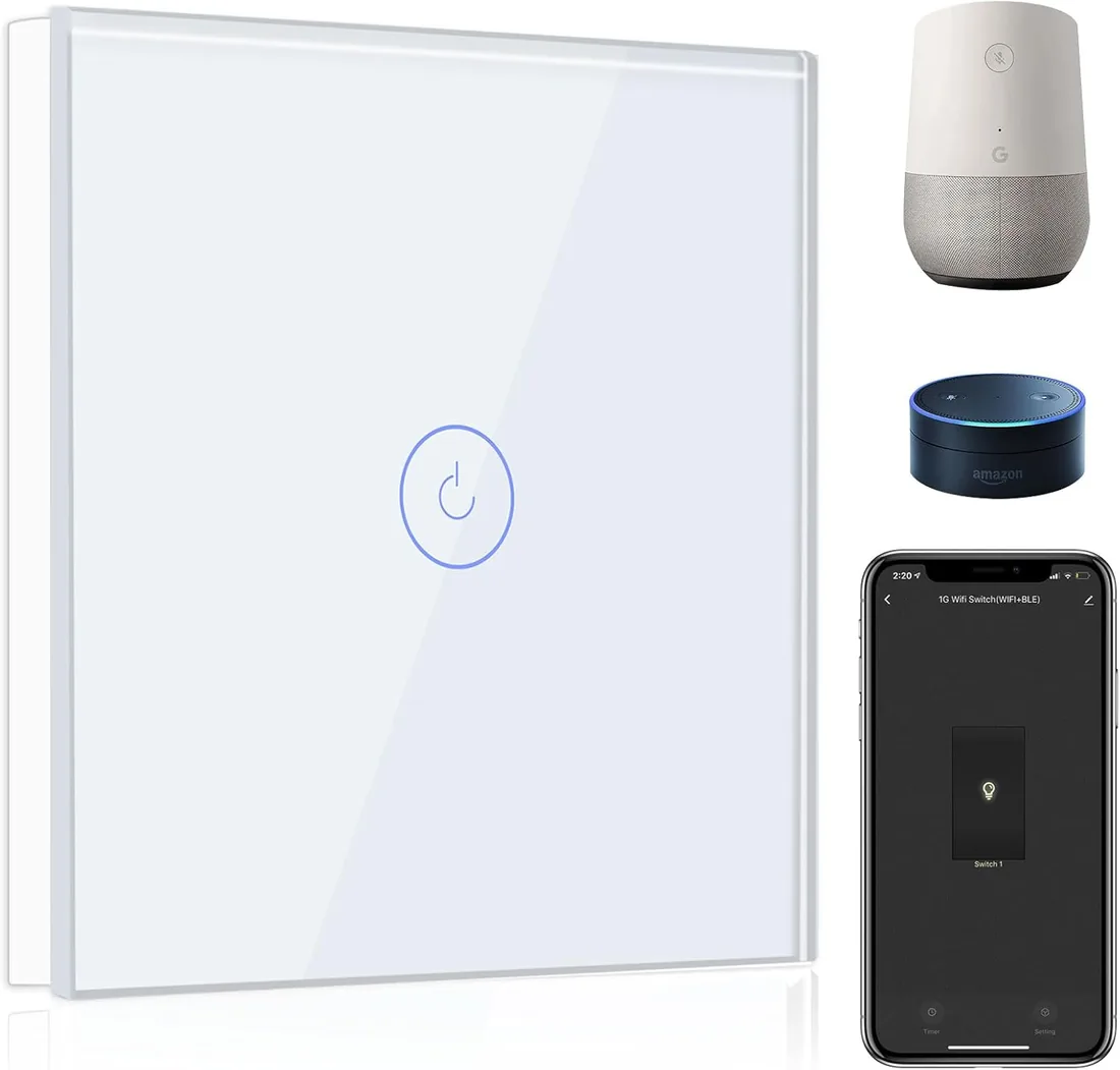 BSEED Interruptor de Pared WiFi,Interruptor Inteligente 1 Gang 1 Vía con Pantalla Táctil Blanco,Compatible con Alexa, Google Home, Control de APP y Función de Temporizador【Se necesita Neutro】