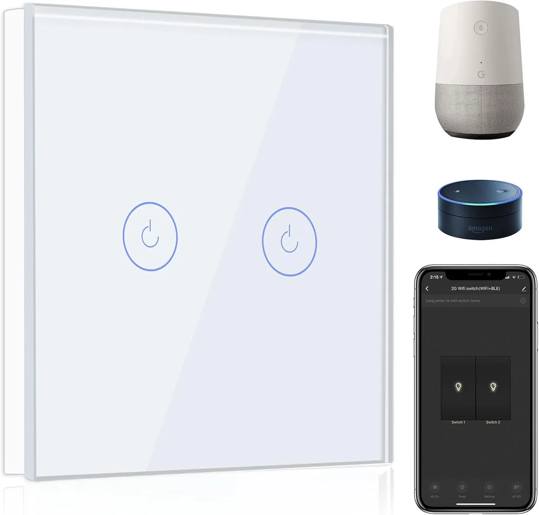 BSEED Interruptor de Pared WiFi,Interruptor Inteligente 2 Gang 1 Vía con Pantalla Táctil Blanco,Compatible con Alexa, Google Home, Control de APP y Función de Temporizador【Se necesita Neutro】