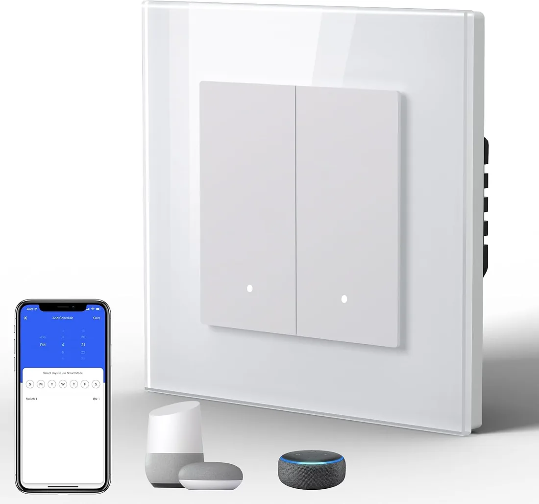 BSEED Interruptor Inteligente WIFI con Vidrio,Basculante Con Pilotitos LED,Requiere Cable Neutro,E-Series,2 Gang 1 Vía,86mm Blanco