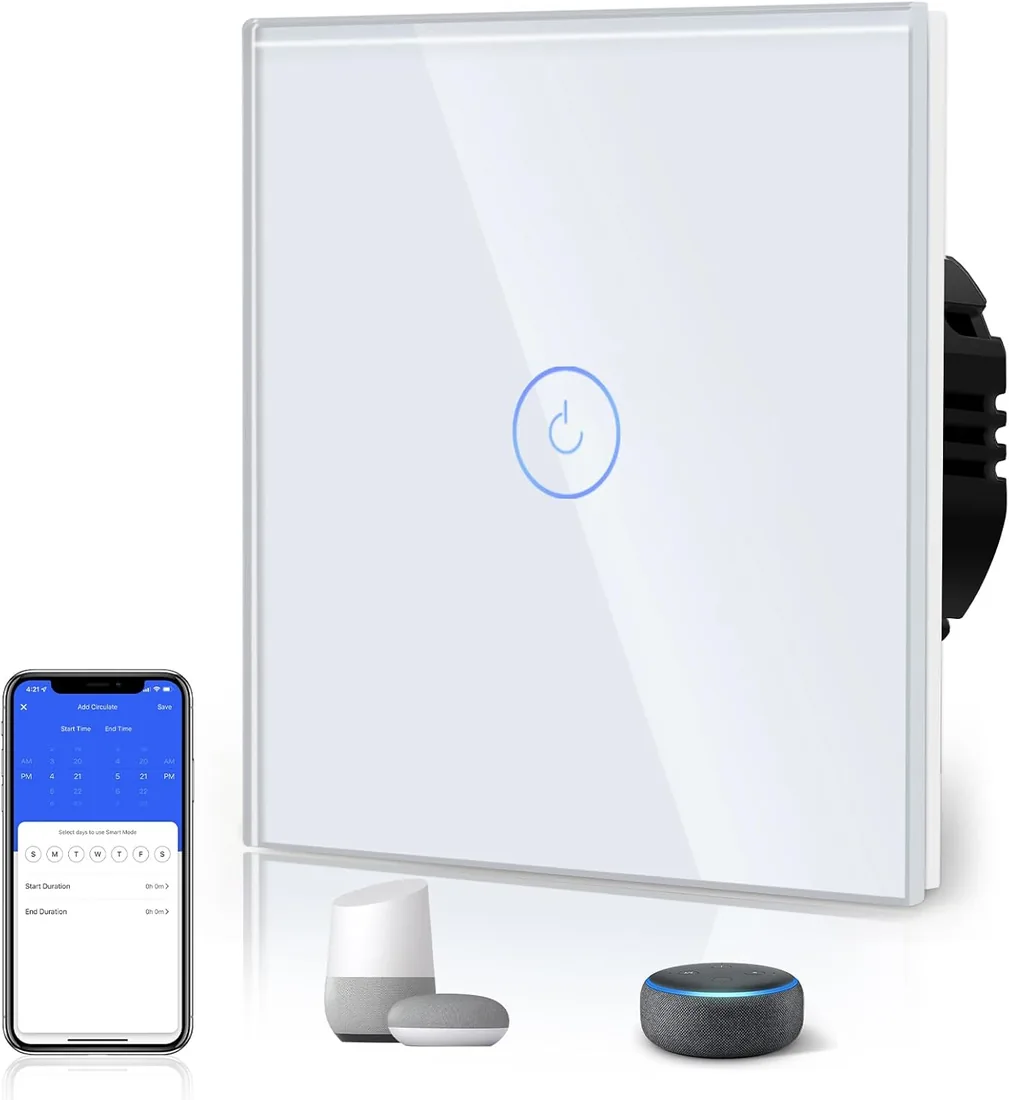 BSEED Interruptor Inteligente WIFI,Interruptores Tactil Con Cristal,Compatible con Alexa,Tuya y Smart Life,Requiere Cable Neutro,1 Gang 1 Vía,86mm Blanco