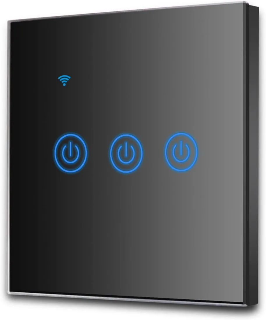 EXTRASTAR Interruptor de Pared Táctil Wi-Fi, 3 Vías, 3 Canales, Compatibilidad con asistentes inteligentes como Google Home y Amazon Alexa Se Requiere Cable Neutro Negro