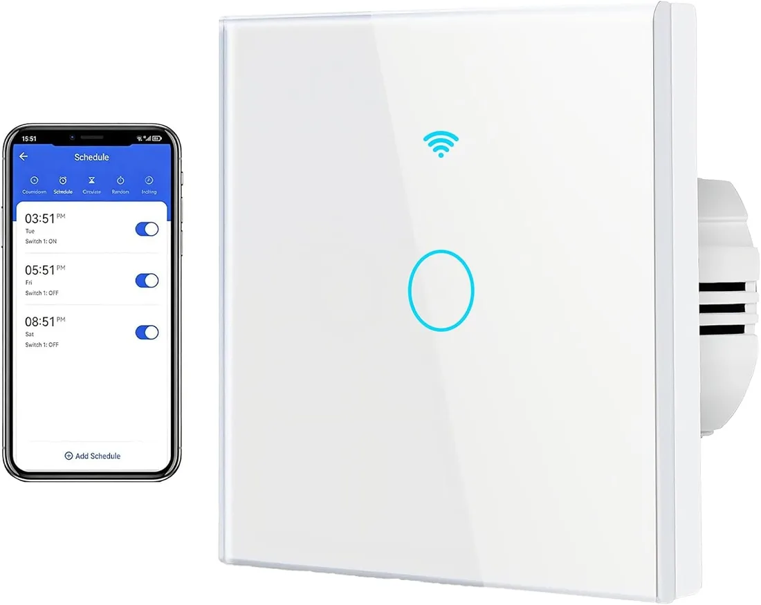 Interruptor Inteligente WIFI Interruptor Tactil luz pared 1 Gang Interruptor Pared WIFI Compatible con Alexa,Tuya y Smart Life Smart, Interruptor Lampara Smart Interruptor Lampara Pared Tactil Vidrio
