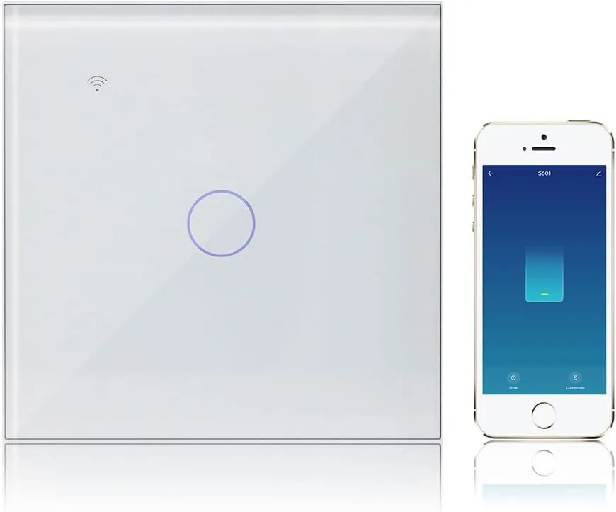 KETOTEK Interruptor Luz WIFI Inteligente 1 Gang 1 Via Compatible con Alexa, Smart Interruptor Lampara Pared Tactil Vidrio Montaje Empotrado Blanco Smart Life/Tuya App Control