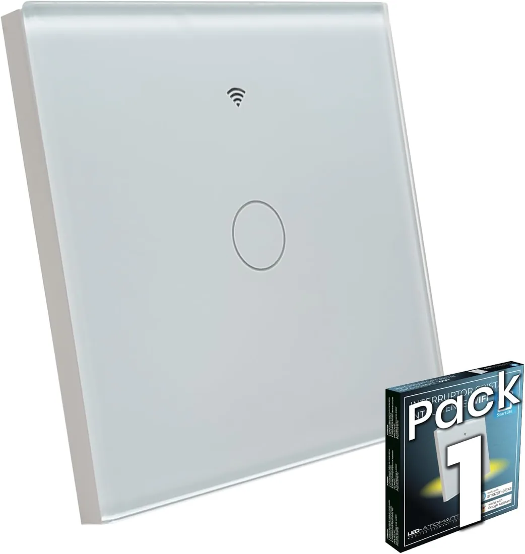 LED ATOMANT Interruptor Cristal Wifi Sin Cable Neutro App Smart Life | Pulsador de pared, Compatible con Alexa y Google Assistant