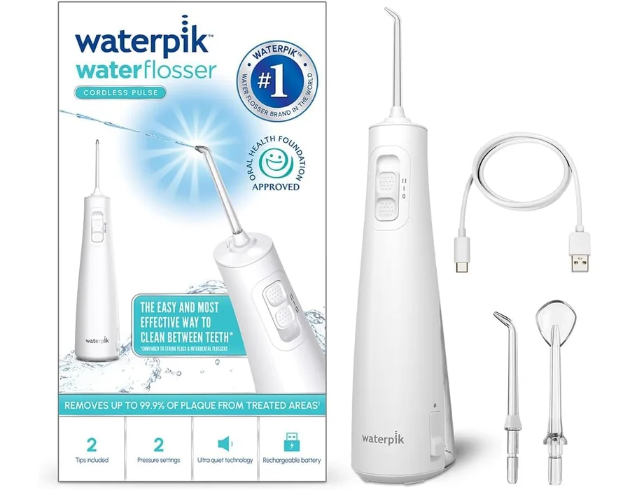 Waterpik Cordless Pulse, Irrigador Dental Eléctrico Portátil, Blanco | Portátil y recargable, Eliminación de placa, Para viajar y baños pequeños