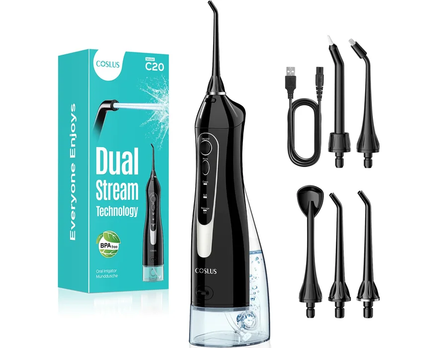 COSLUS C20 Irrigador Bucal Portatil Flosser: 300ML Irrigador Dental Inalámbrico de Riego para Limpieza Dental Doble chorro de agua IPX7 Impermeable Limpieza Diente Para Hogar baño 