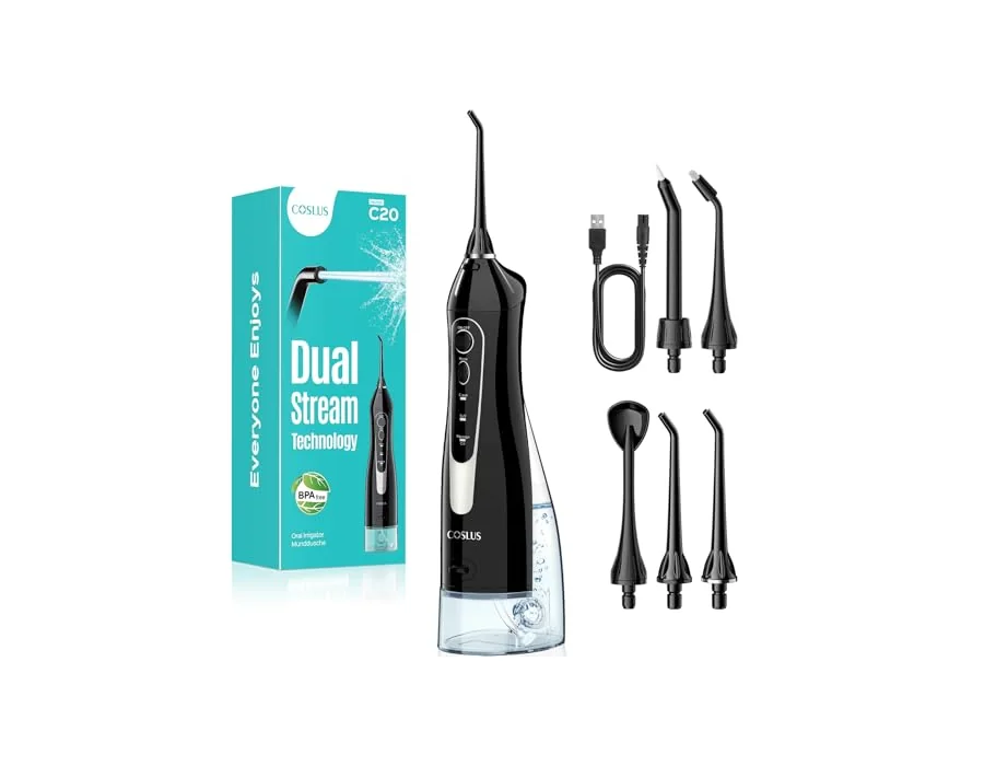 COSLUS C20 Irrigador Bucal Portatil Flosser: 300ML Irrigador Dental Inalámbrico de Riego para Limpieza Dental Doble chorro de agua IPX7 Impermeable Limpieza Diente Para Hogar baño foto 2