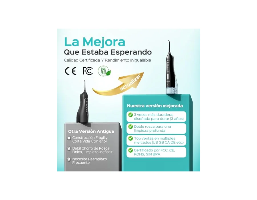 COSLUS C20 Irrigador Bucal Portatil Flosser: 300ML Irrigador Dental Inalámbrico de Riego para Limpieza Dental Doble chorro de agua IPX7 Impermeable Limpieza Diente Para Hogar baño foto 3