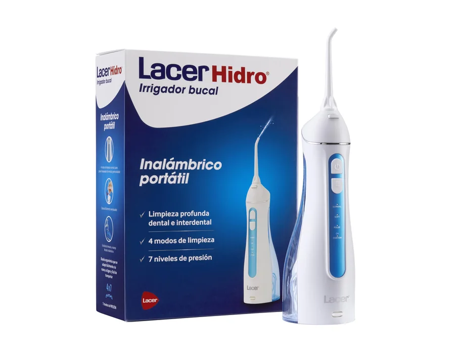 LACER HIDRO - Irrigador Bucal Portátil e Inalámbrico, con 2 Recambios, Limpieza Interdental Rápida y Eficaz, 4 Modos de Limpieza, 7 Niveles de Presión, Diseño Ergonómico y Compacto