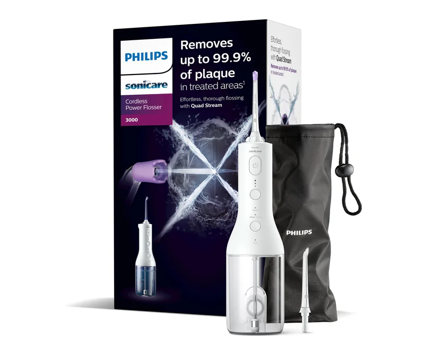 Philips Sonicare Irrigador oral Power Flosser 3000 sin cable con tecnología Quad Stream y Pulse Wave, HX3826/31, Negro, 3000, Blanco