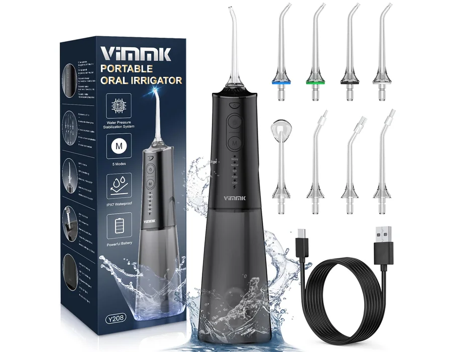 Irrigador Bucal Portatil, Vimmk Irrigador Dental Inalámbrico Profesional 8 Boquillas 5 Modos, IPX7 Impermeable 300ML USB-C Recargable Para Limpieza Dientes, Para el Hogar y los Via — Ref. H919