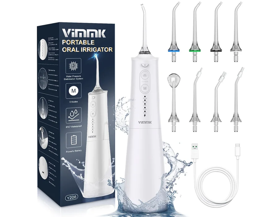 Irrigador Bucal Portatil, Vimmk Irrigador Dental Inalámbrico Profesional 8 Boquillas 5 Modos, IPX7 Impermeable 300ML USB-C Recargable Para Limpieza Dientes, Para el Hogar y los Via — Ref. N2D7