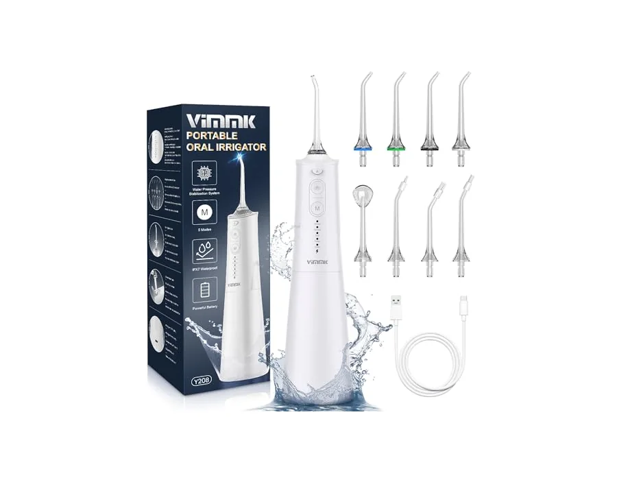 Irrigador Bucal Portatil, Vimmk Irrigador Dental Inalámbrico Profesional 8 Boquillas 5 Modos, IPX7 Impermeable 300ML USB-C Recargable Para Limpieza Dientes, Para el Hogar y los Via — Ref. N2D7 foto 2