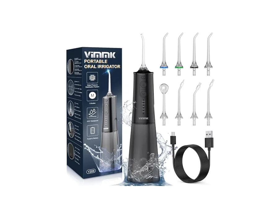 Irrigador Bucal Portatil, Vimmk Irrigador Dental Inalámbrico Profesional 8 Boquillas 5 Modos, IPX7 Impermeable 300ML USB-C Recargable Para Limpieza Dientes, Para el Hogar y los Via — Ref. H919 foto 2