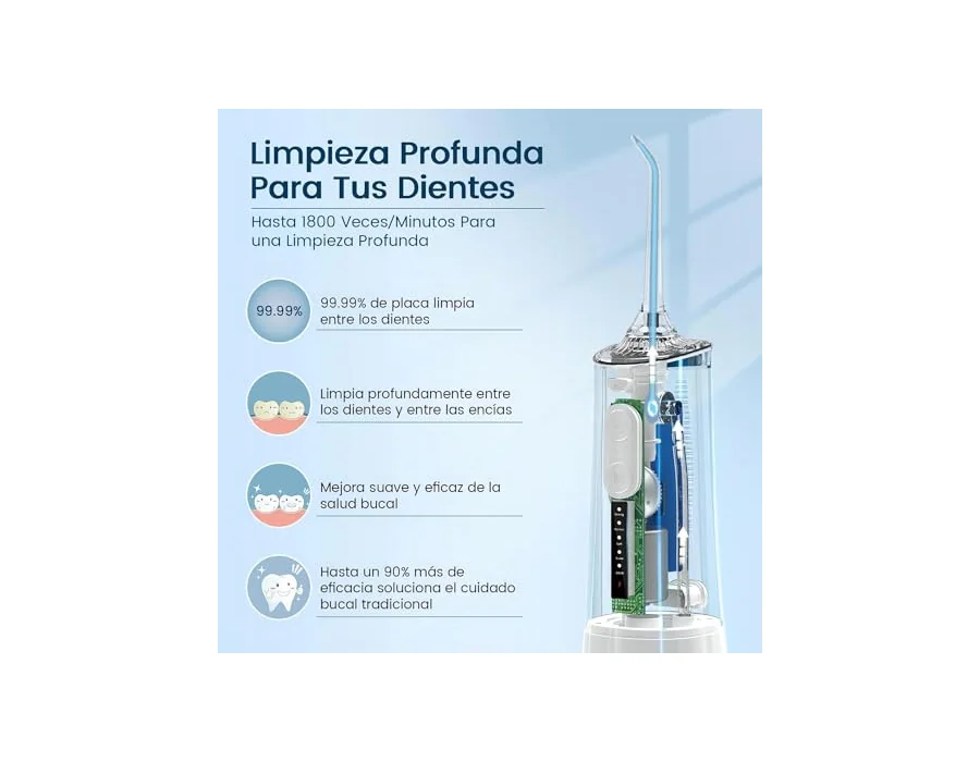 Irrigador Bucal Portatil, Vimmk Irrigador Dental Inalámbrico Profesional 8 Boquillas 5 Modos, IPX7 Impermeable 300ML USB-C Recargable Para Limpieza Dientes, Para el Hogar y los Via — Ref. H919 foto 3