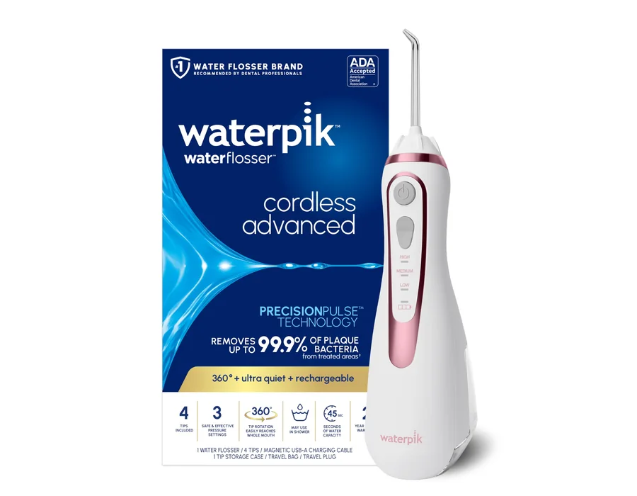 Waterpik - Irrigador de agua inalámbrico avanzado 2.0 para dientes, encías, aparatos ortopédicos, cuidado dental con bolsa de viaje y 4 puntas, aceptado por ADA, recargable, portát